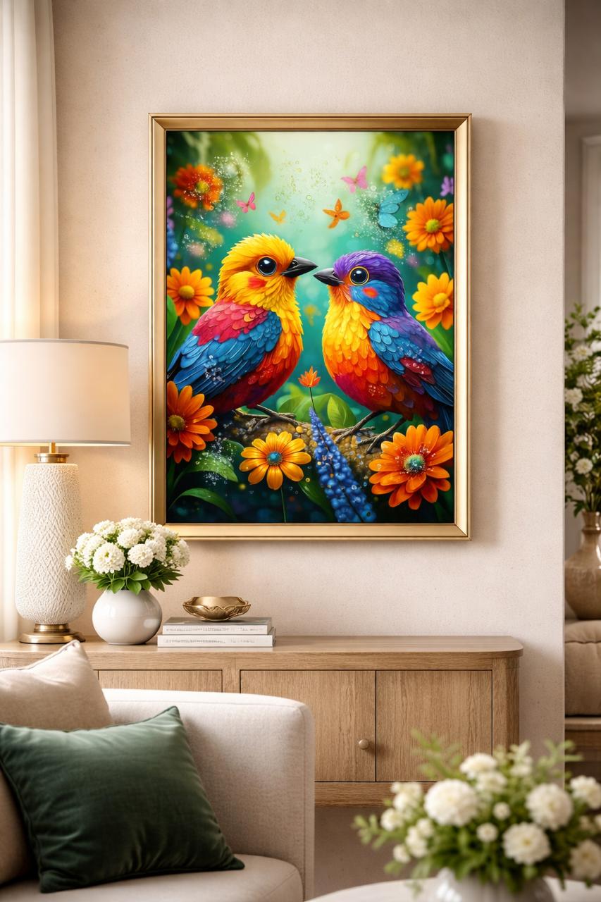 Enchanted Aviary: Vibrant Lovebirds Crystal-Embellished Wall Frame