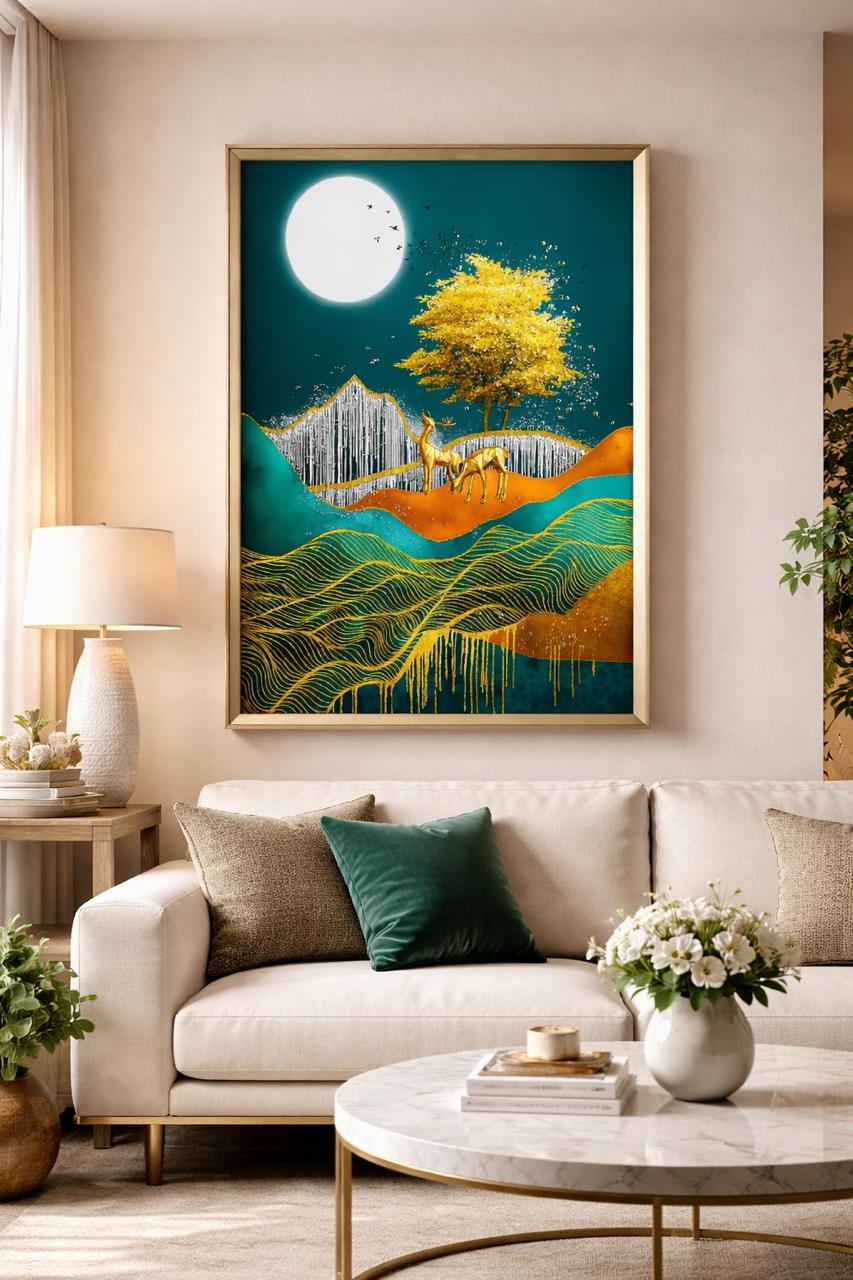 Golden Moonrise: Abstract Deer & Autumn Tree Crystal-Embellished Wall Frame