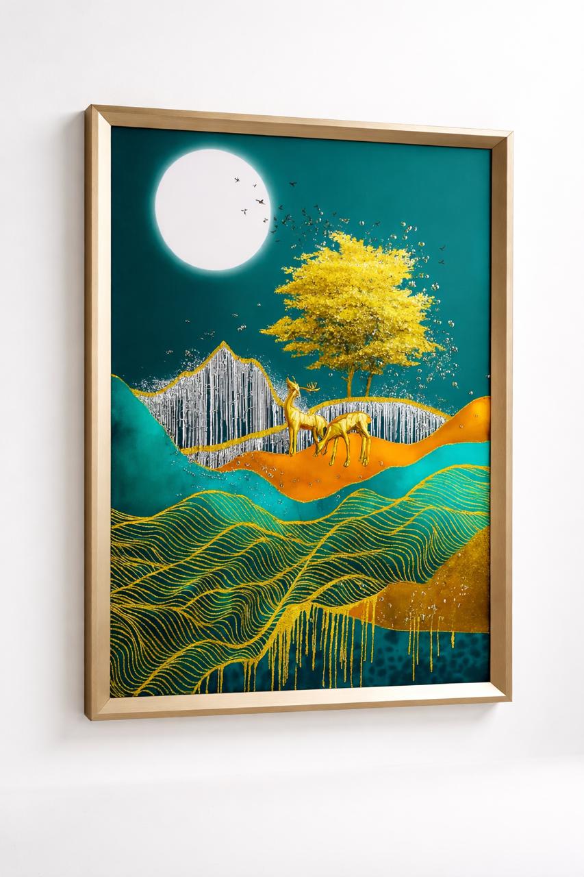 Golden Moonrise: Abstract Deer & Autumn Tree Crystal-Embellished Wall Frame