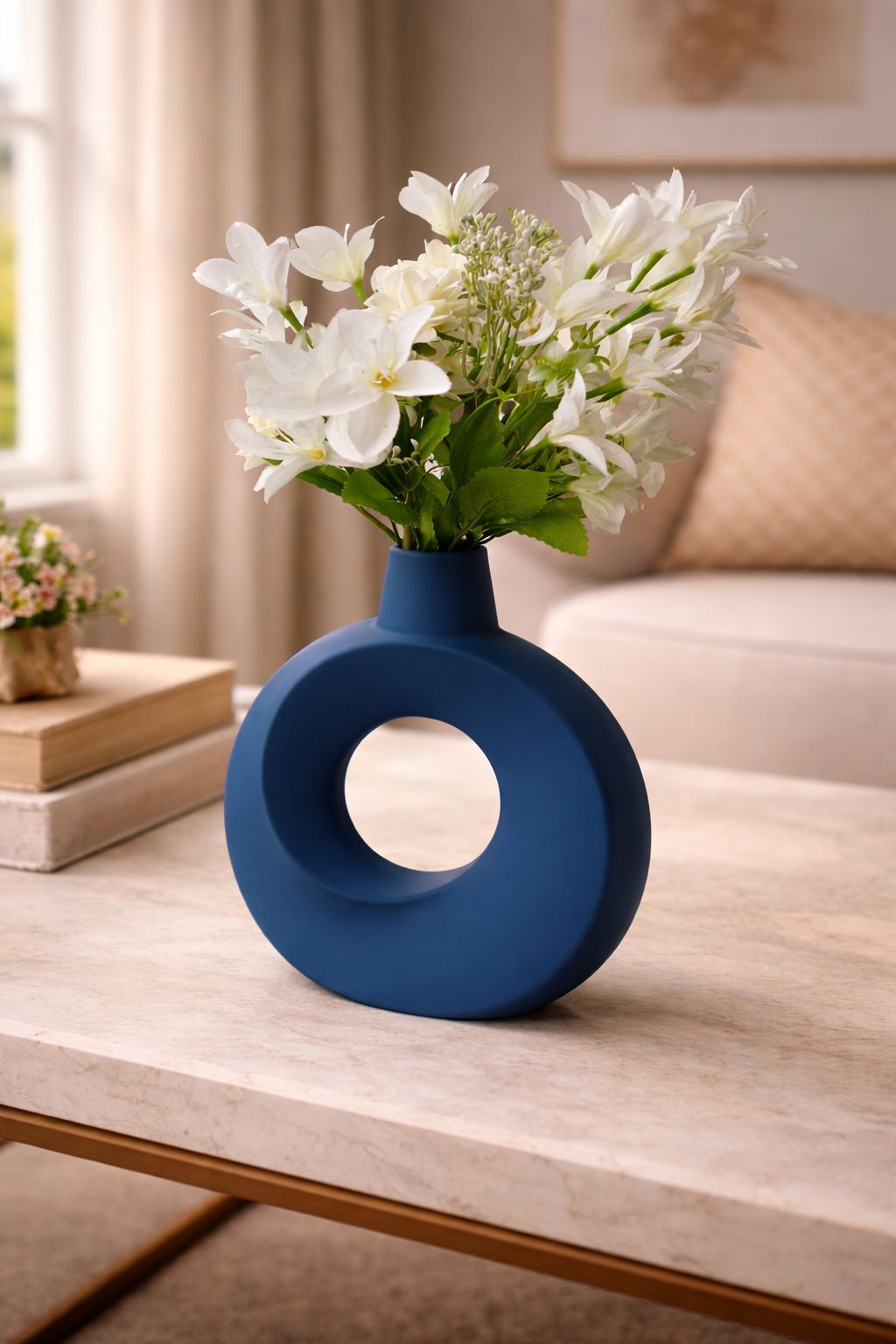 Modern Navy Circular "Donut" Vase with Floral Bouquet