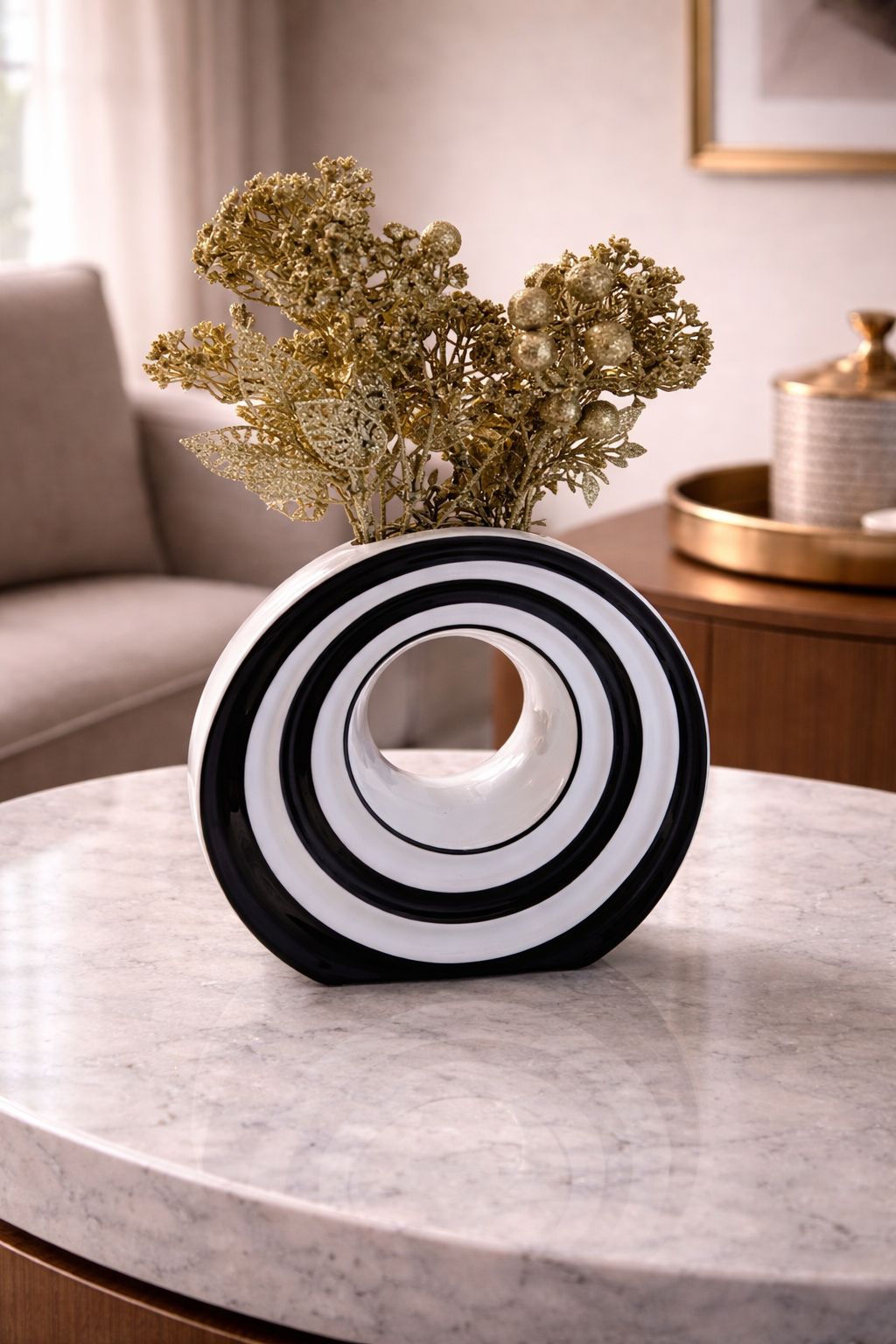 Modern Striped "Donut" Ceramic Vase with Gilded Foliage
