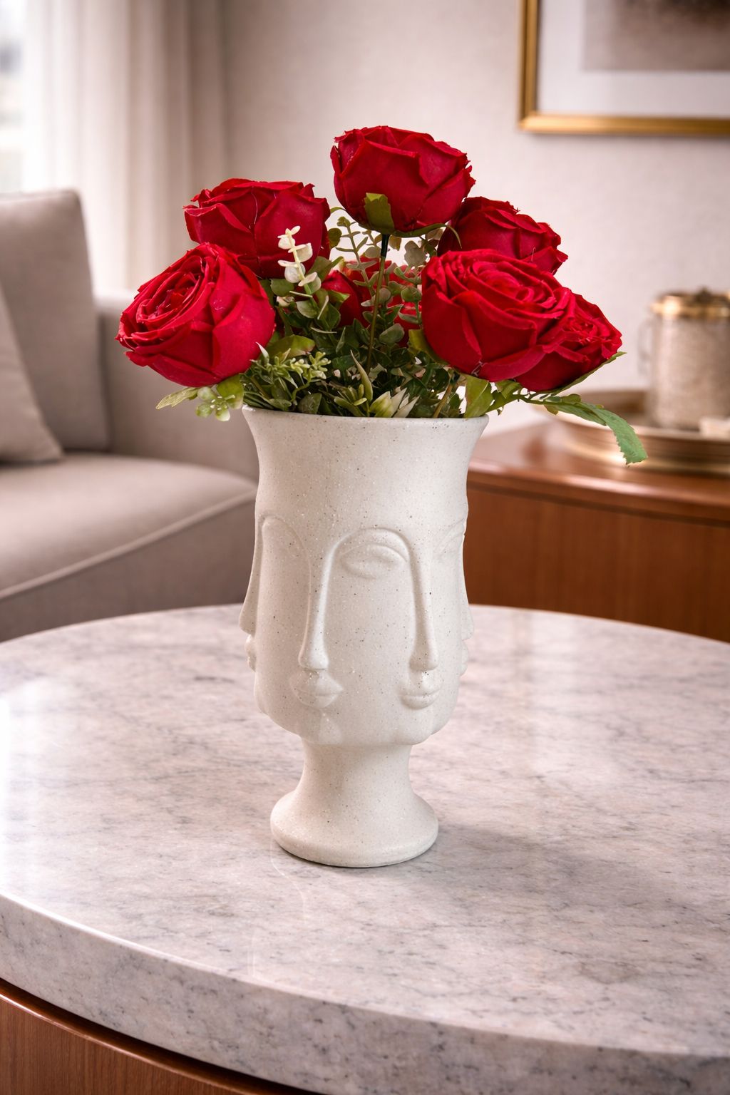Modern "Face" Multi-Sided Sculptural Vase with Crimson Roses