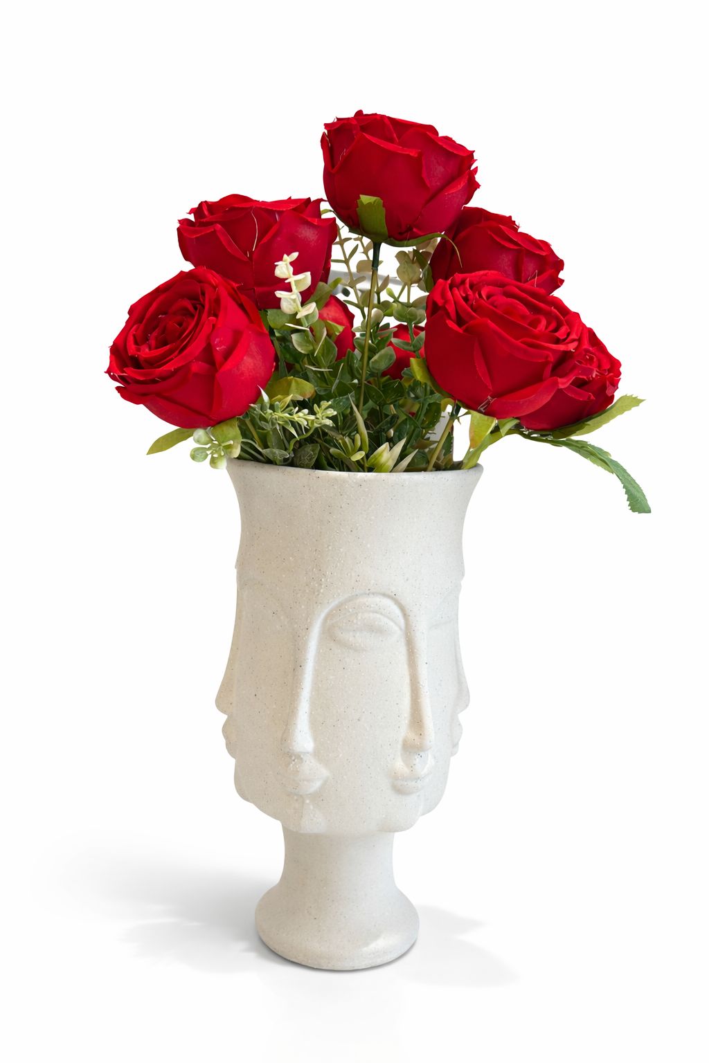 Modern "Face" Multi-Sided Sculptural Vase with Crimson Roses
