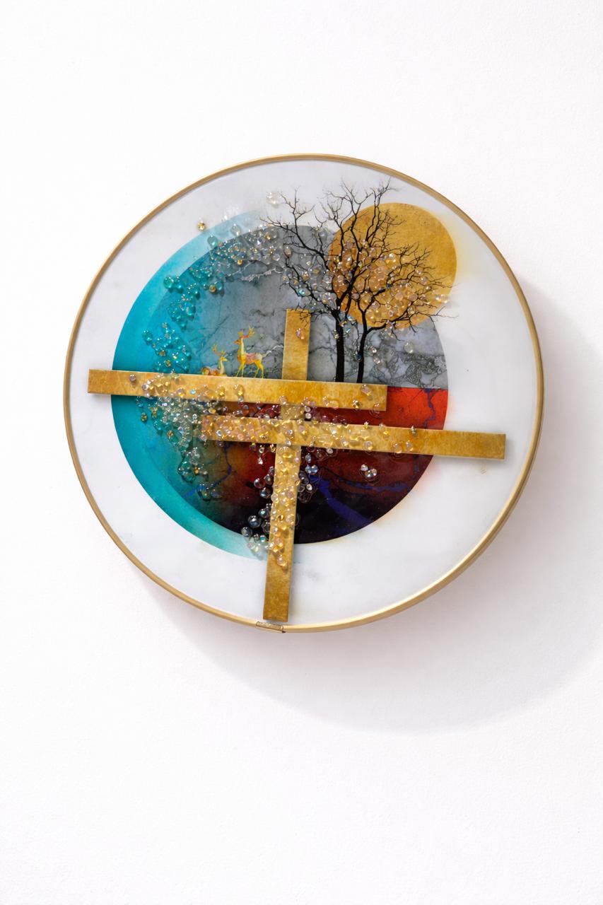 Abstract "Golden Horizon" Forest Scene with Embellished Crystals