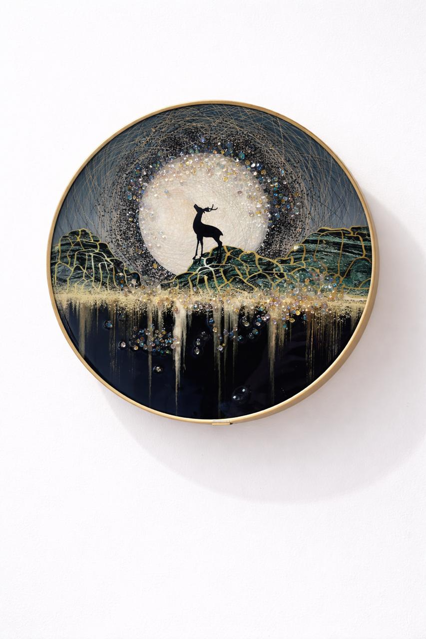 Abstract Golden Forest & Resting Deer Embellished Wall Art