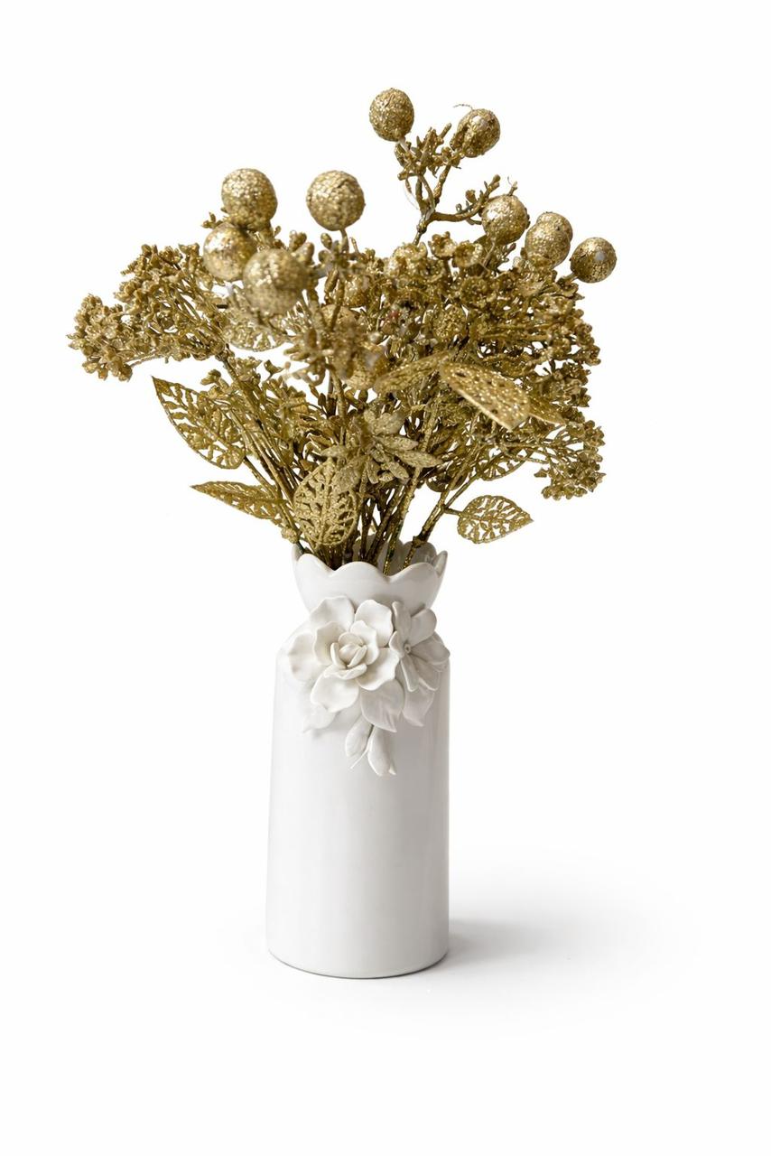 Floral Grace White Ceramic Vase with Gilded Foliage