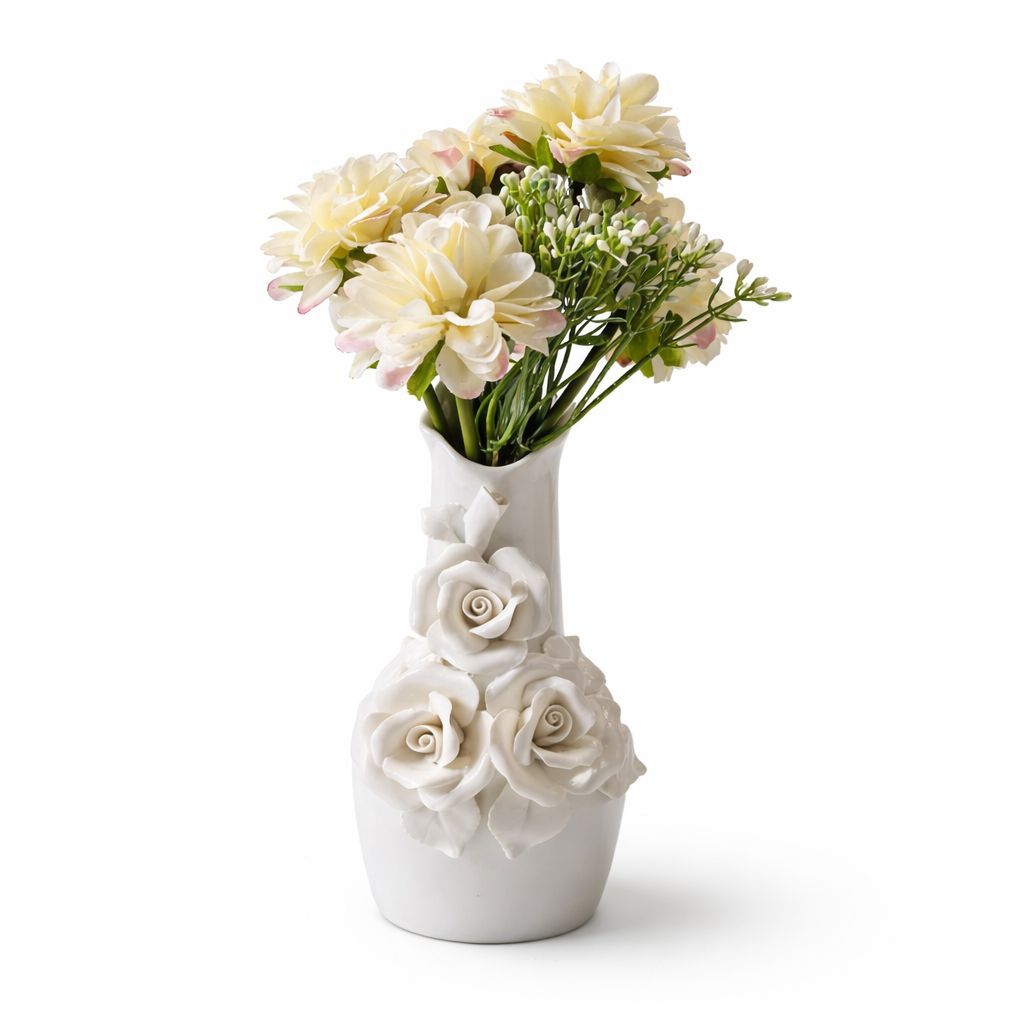 Triple Rose Sculpted White Ceramic Decorative Vase