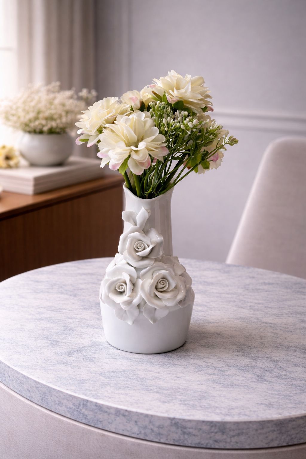 Triple Rose Sculpted White Ceramic Decorative Vase