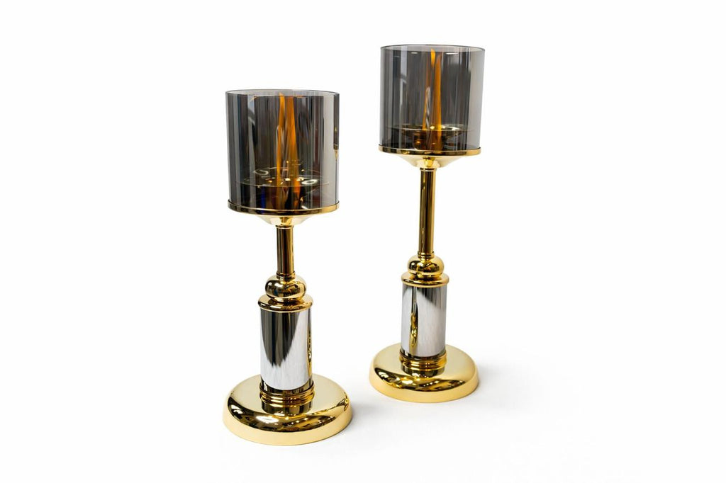 Modern Gold & Smoke Grey Hurricane Candle Holder Set
