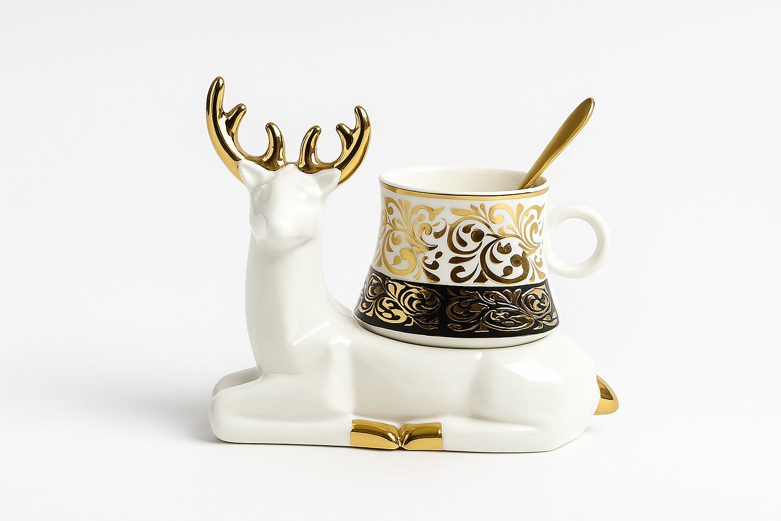 Antler Brew Ceramic Cup with Deer Base – White & Gold