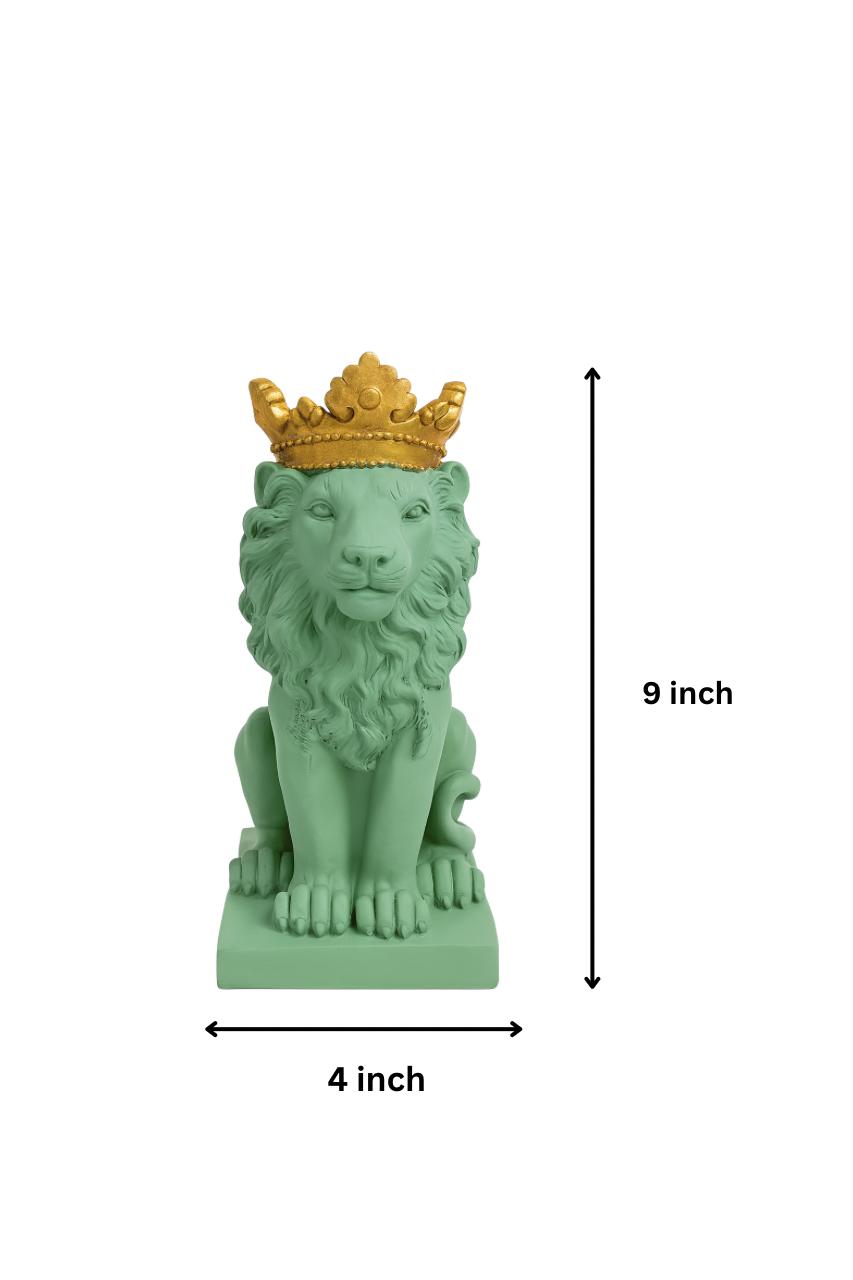 Compact Sage-Toned Royal Lion Sculpture with Antique Gold Crown