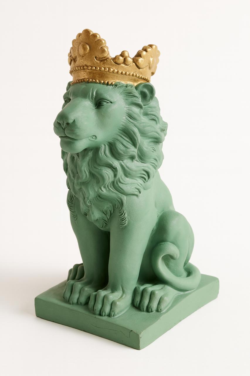 Compact Sage-Toned Royal Lion Sculpture with Antique Gold Crown