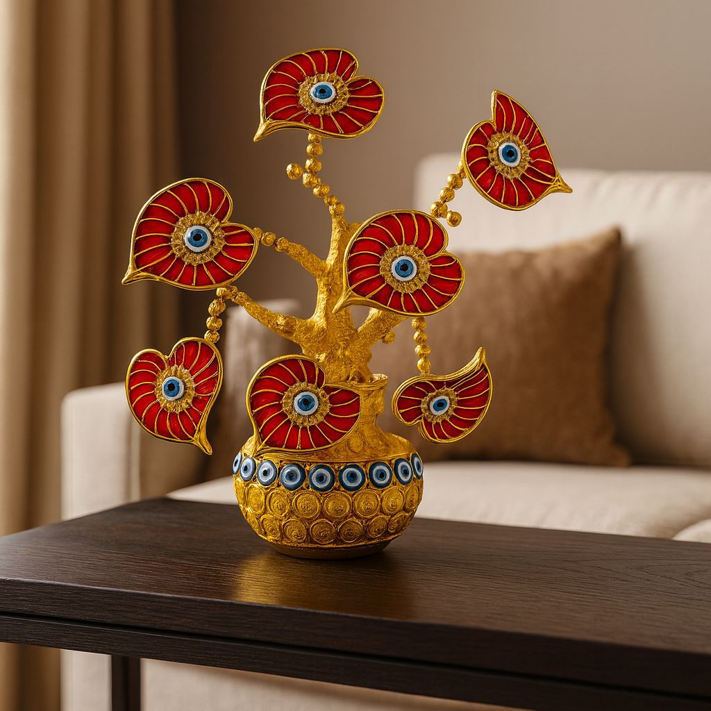 Auspicious Gold Bodhi Tree with Enamel Red Evil Eye Leaves