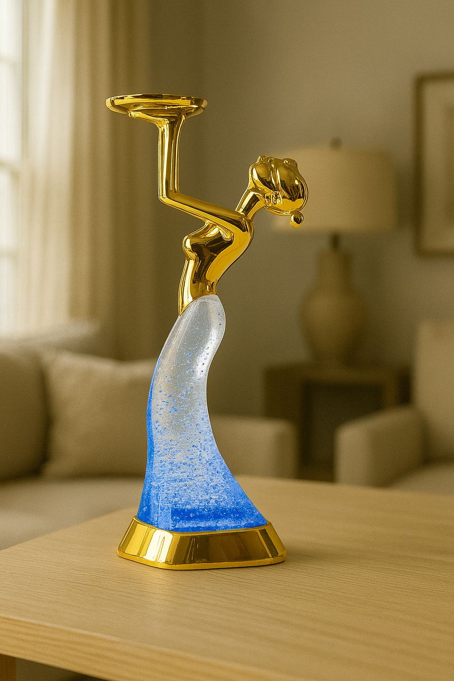 Contemporary Siren Candlestick Holder with Blue Glass Body