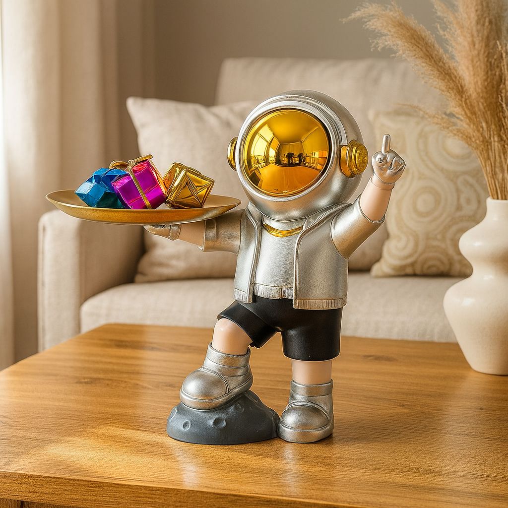 Metallic Silver Astronaut Kid Figure with Serving Platter