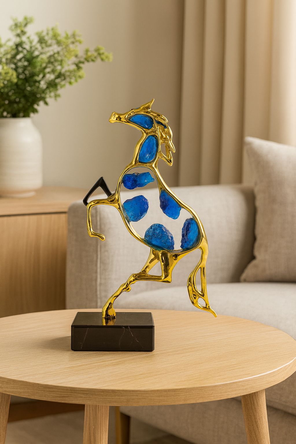 Golden Stallion Sculpture with Blue Crystal Inlays – Luxe Modern Decor Accent