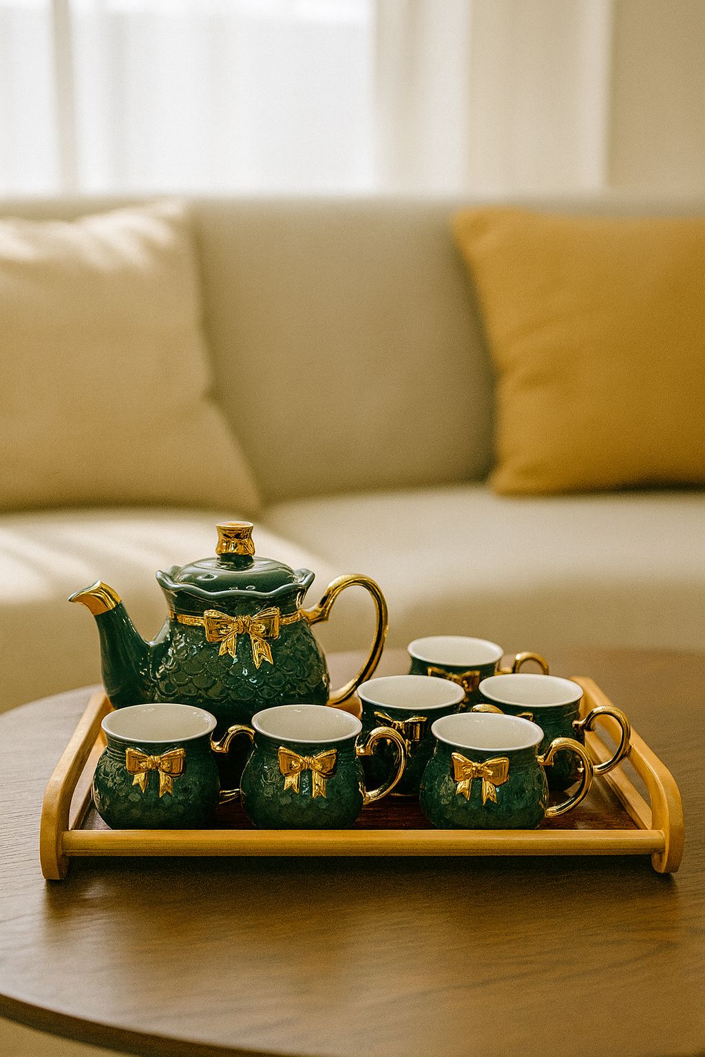 Luxury Emerald Green Tea Set with Gold Bow Accents
