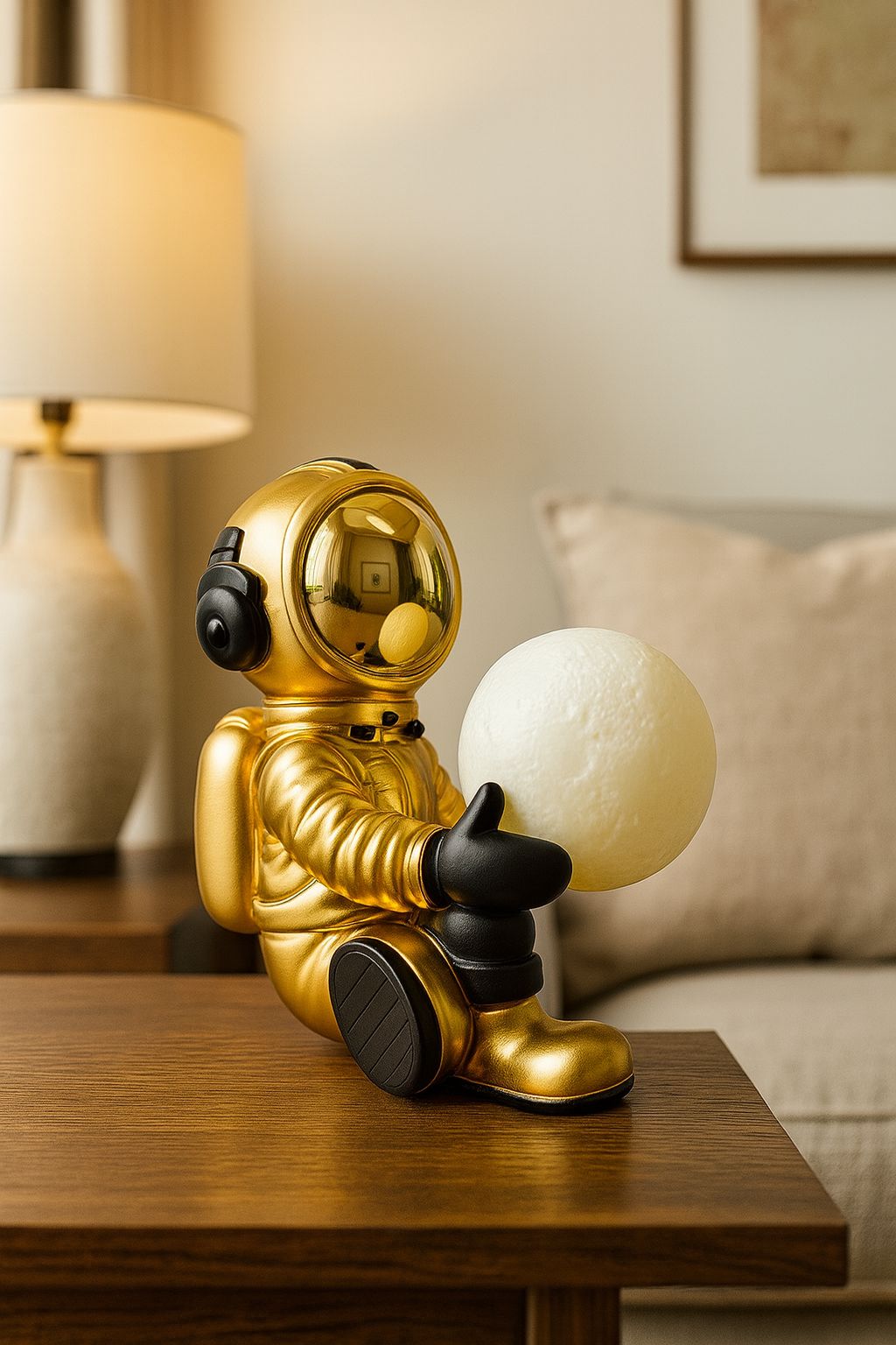 Celestial Gold Astronaut Figurine with Glowing Moon Orb