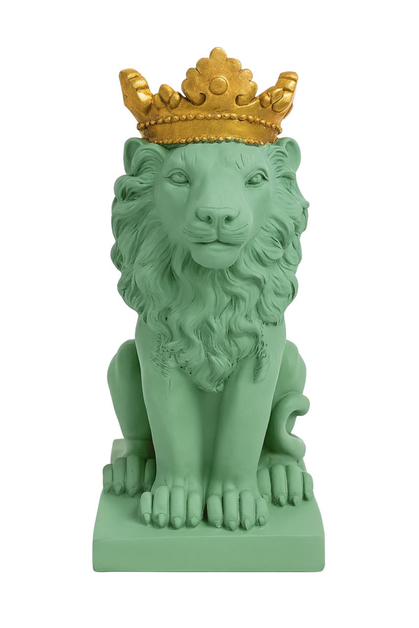 Compact Sage-Toned Royal Lion Sculpture with Antique Gold Crown