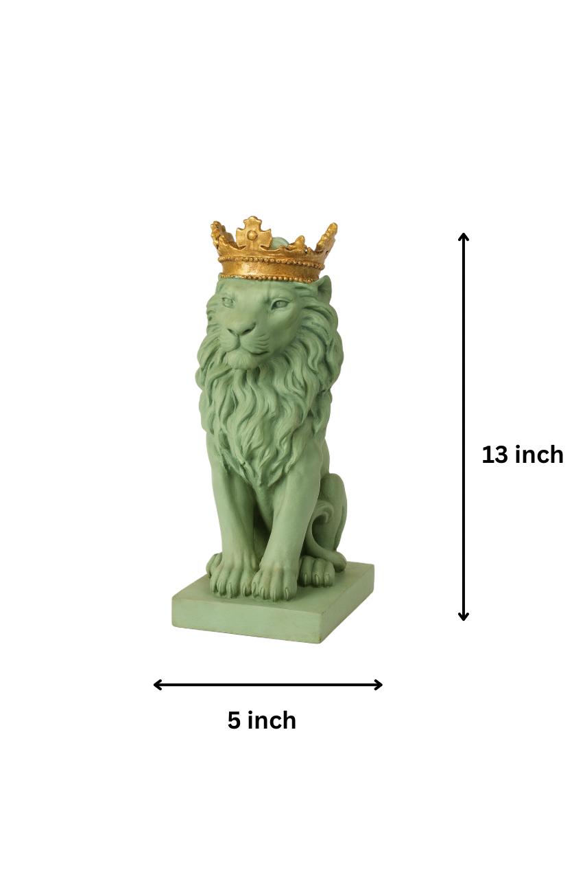 Regal Sage Green Lion Sculpture with Golden Crown