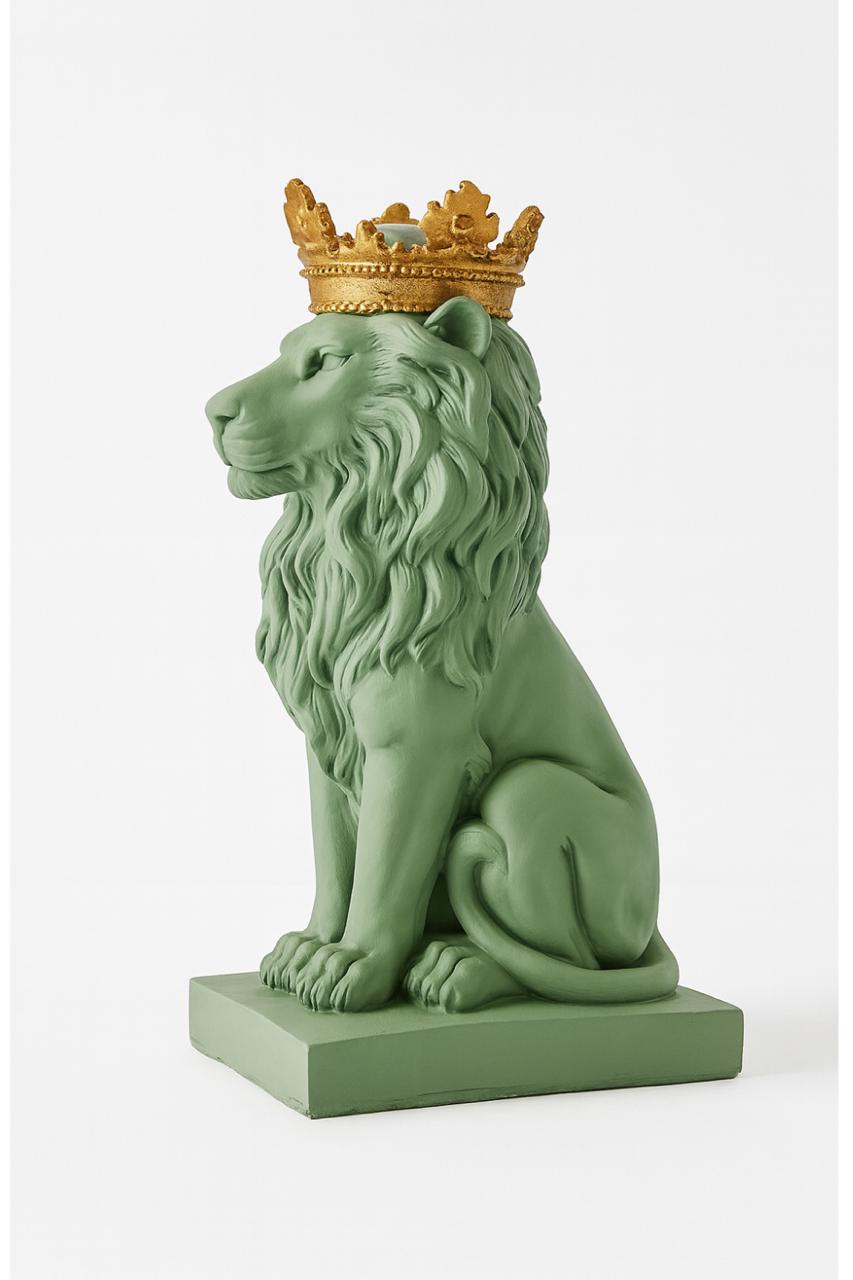 Regal Sage Green Lion Sculpture with Golden Crown