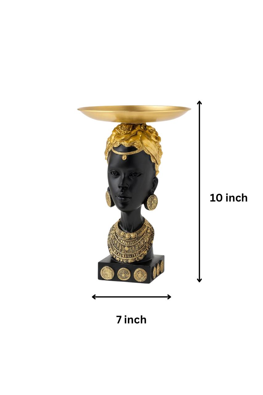 Elegant Black and Gold Sculptural Head with Offering Dish