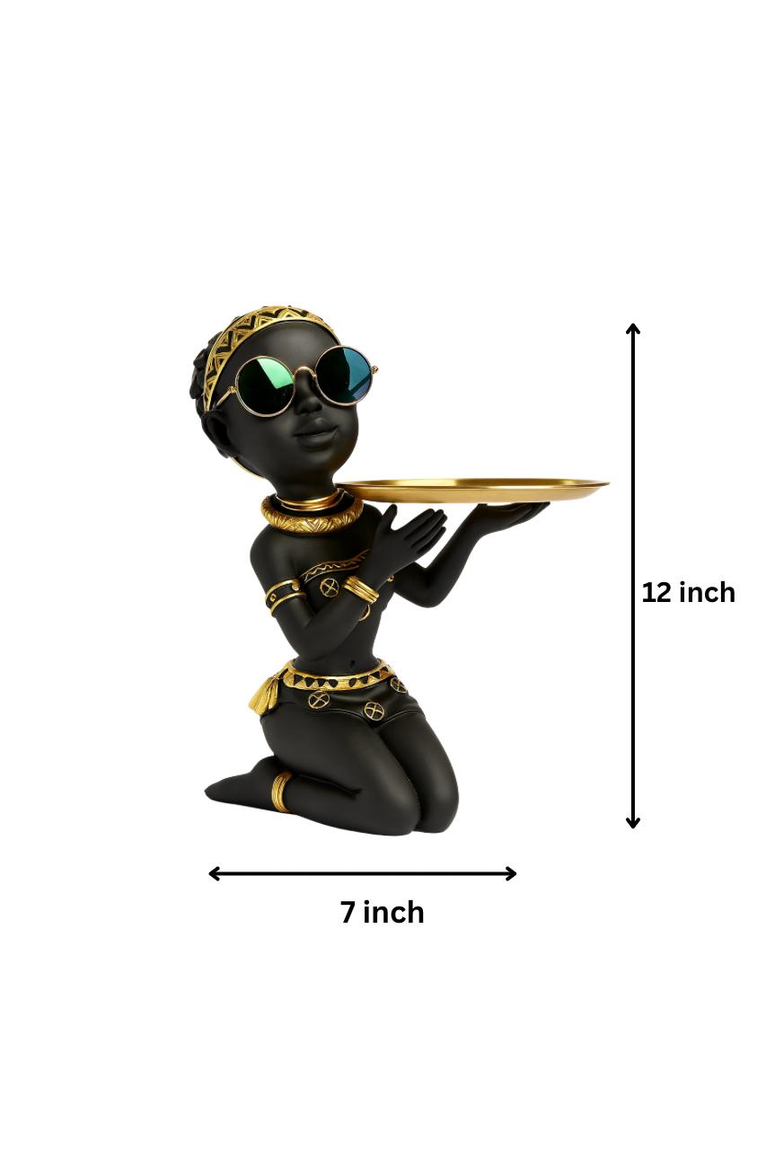 Kneeling Tribal Figurine with Gold Platter – Luxe Artisan Decor Accent