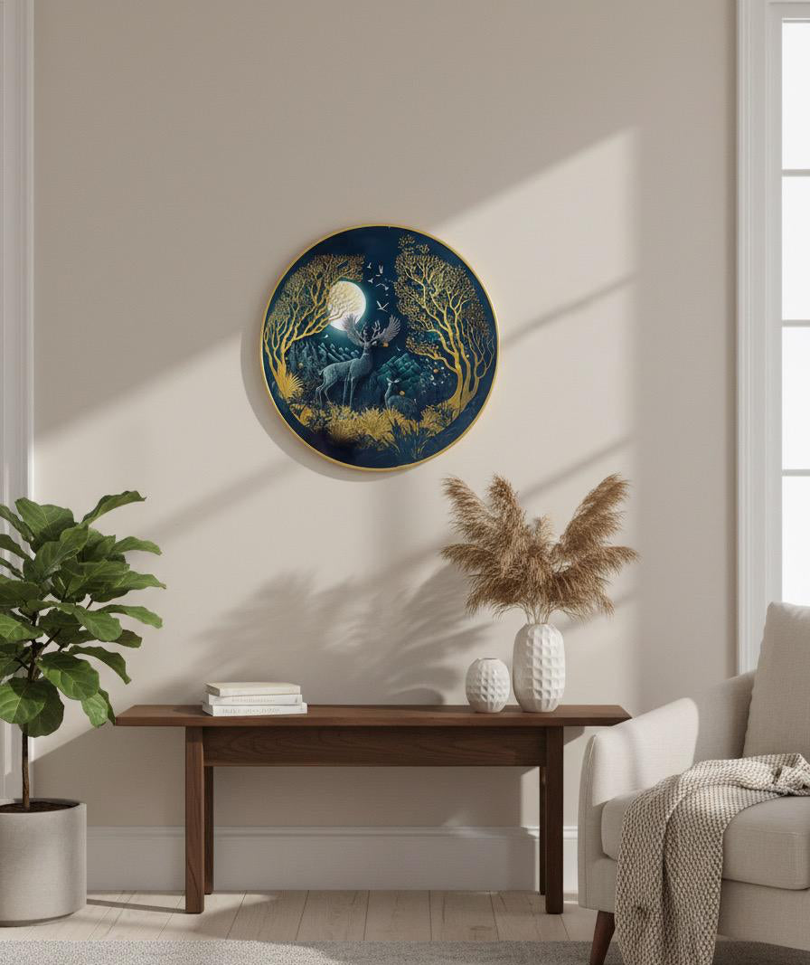 Celestial Deer in Midnight Forest Round Wall Art