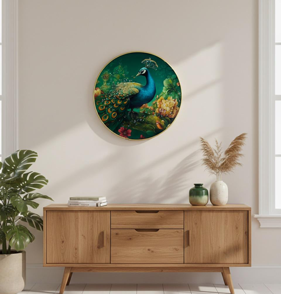 Jewel-Toned Peacock in Emerald Forest Round Wall Art