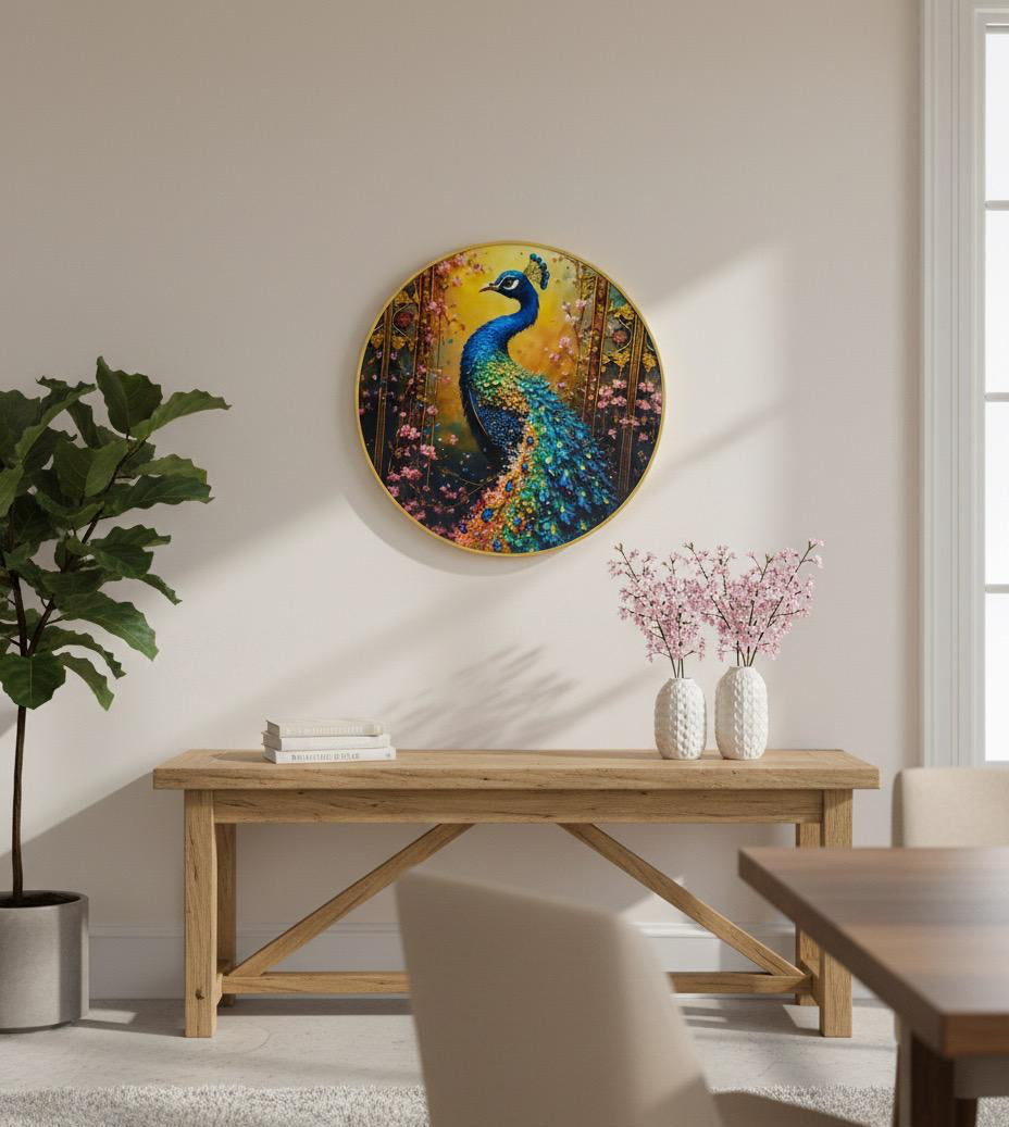 Romantic Peacock in Blossom Garden Round Wall Art