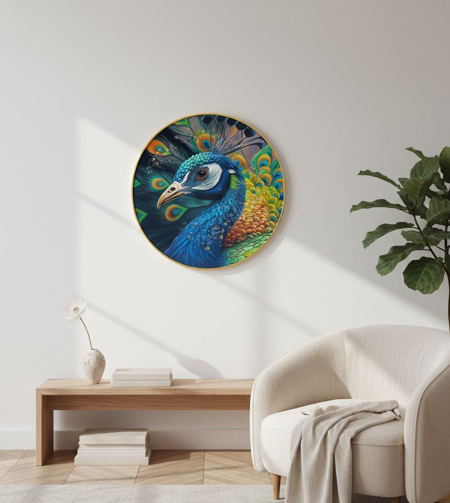 Intense Close-Up Peacock Portrait Round Wall Art