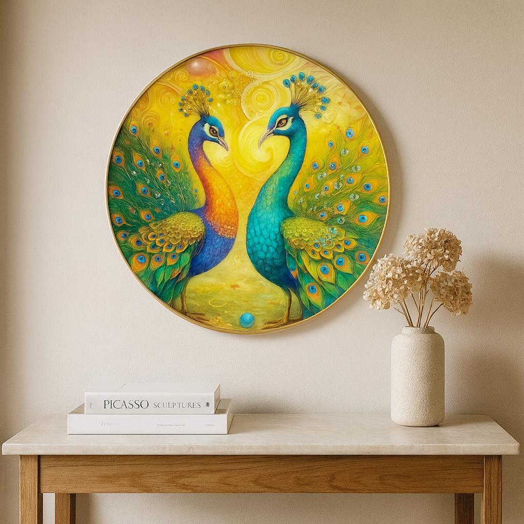 Radiant Dual Peacock Wall Art in Golden Round Frame