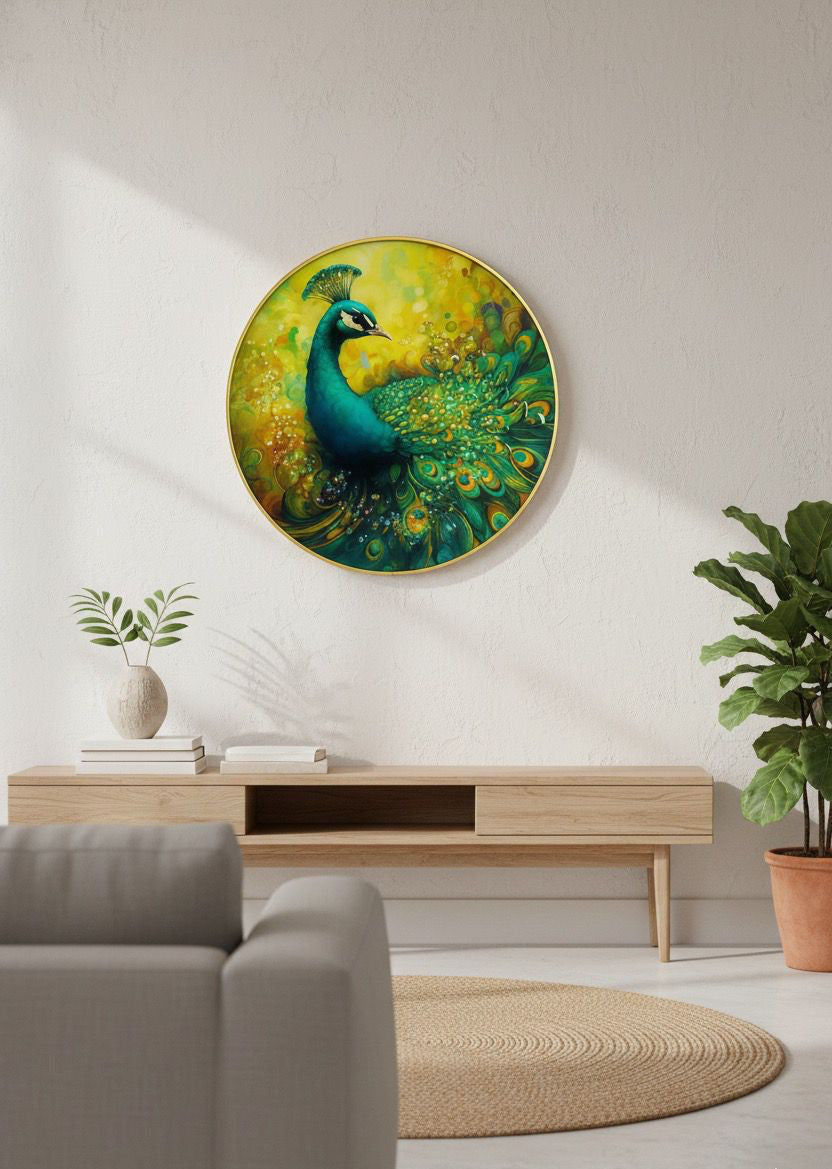 Luminous Swirl Peacock Art in Abstract Gold and Green