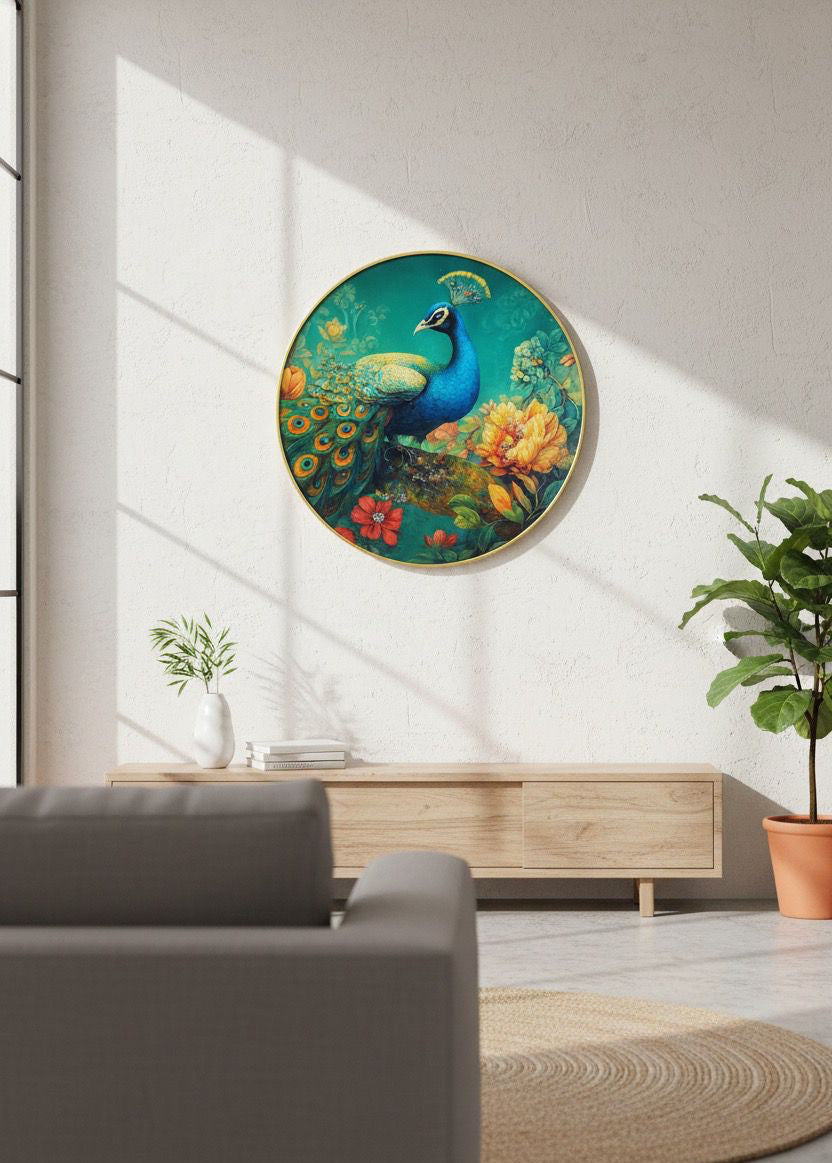 Jewel-Toned Peacock in Teal Oasis Round Wall Art