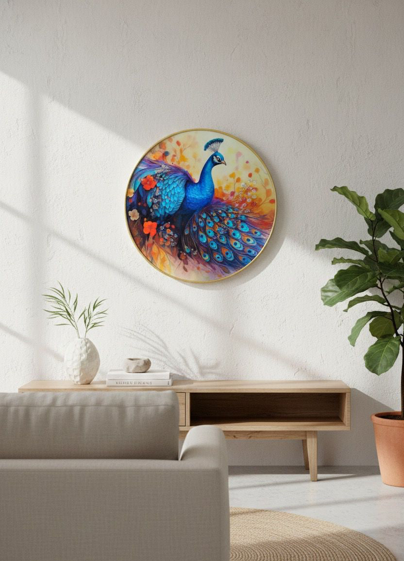 Brilliant Azure Peacock with Spread Feathers and Warm Glow