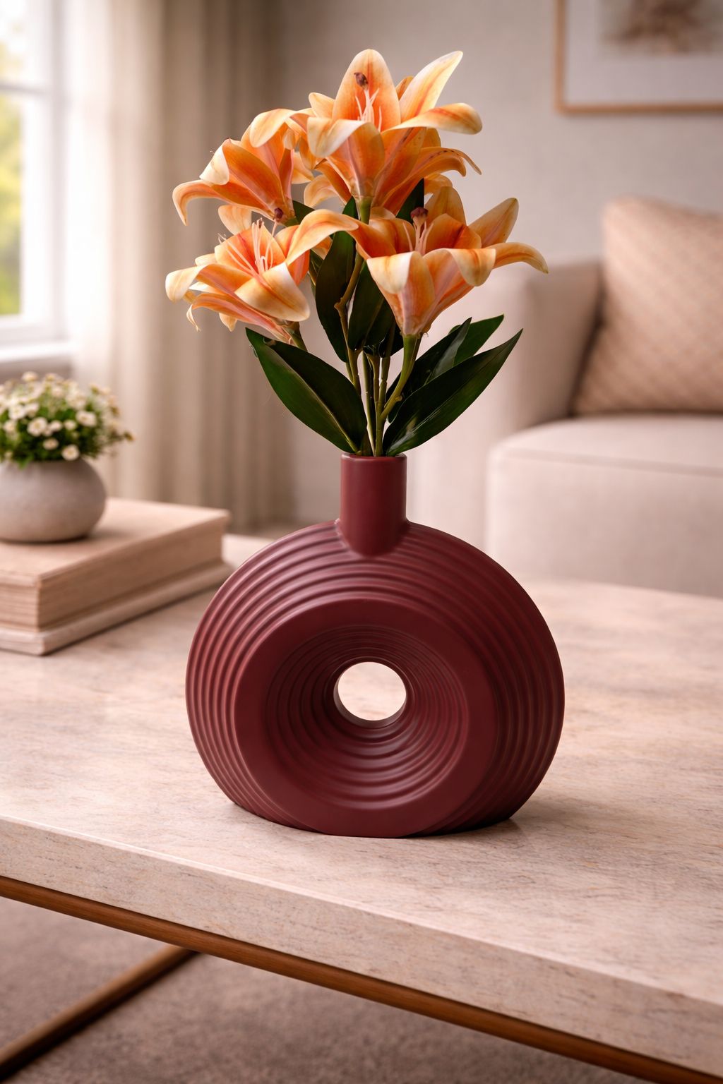 Modern Rippled "Donut" Vase with Vibrant Tiger Lilies