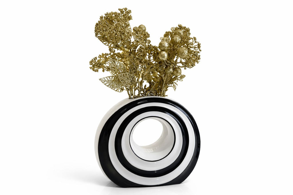 Modern Striped "Donut" Ceramic Vase with Gilded Foliage