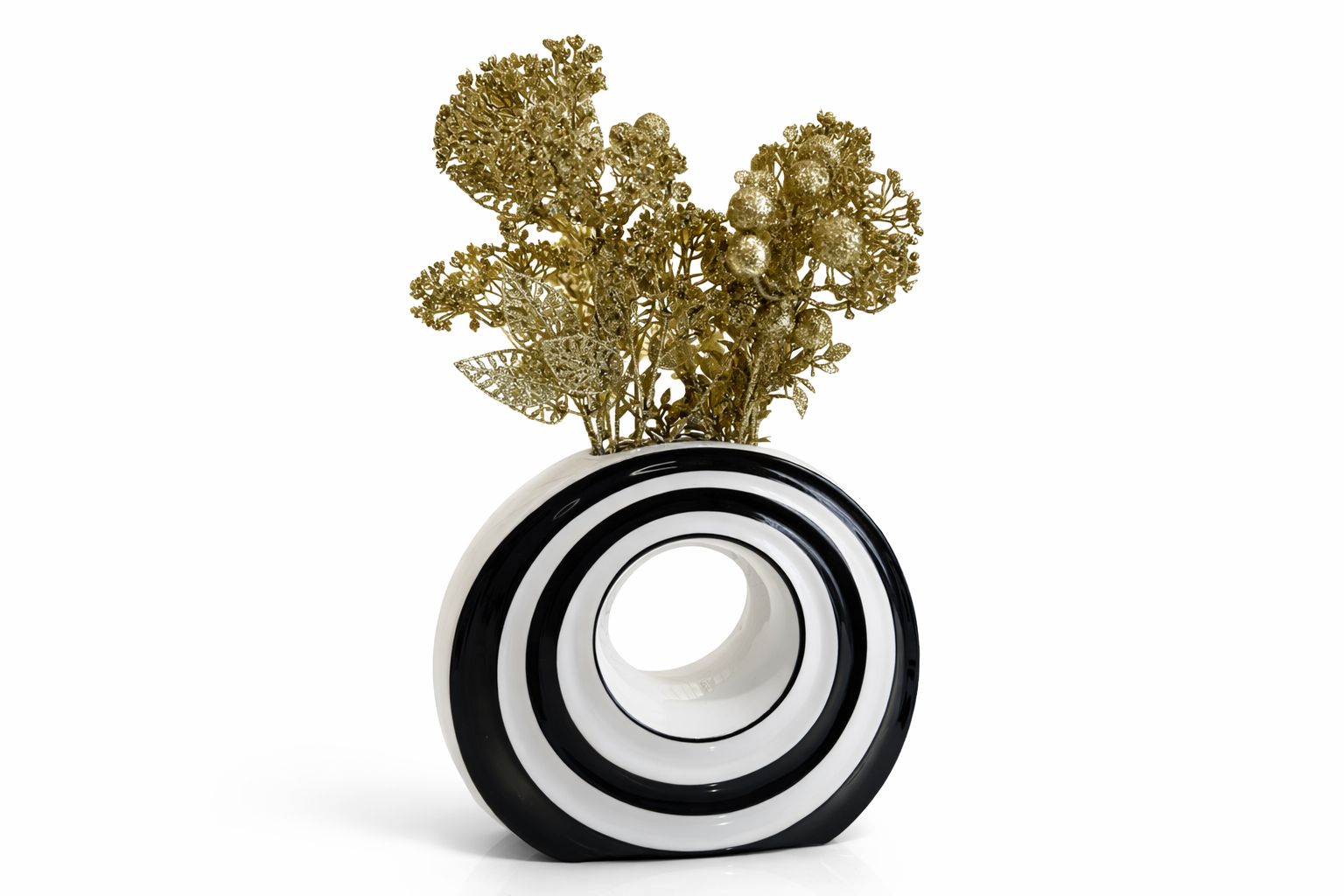 Modern Striped "Donut" Ceramic Vase with Gilded Foliage