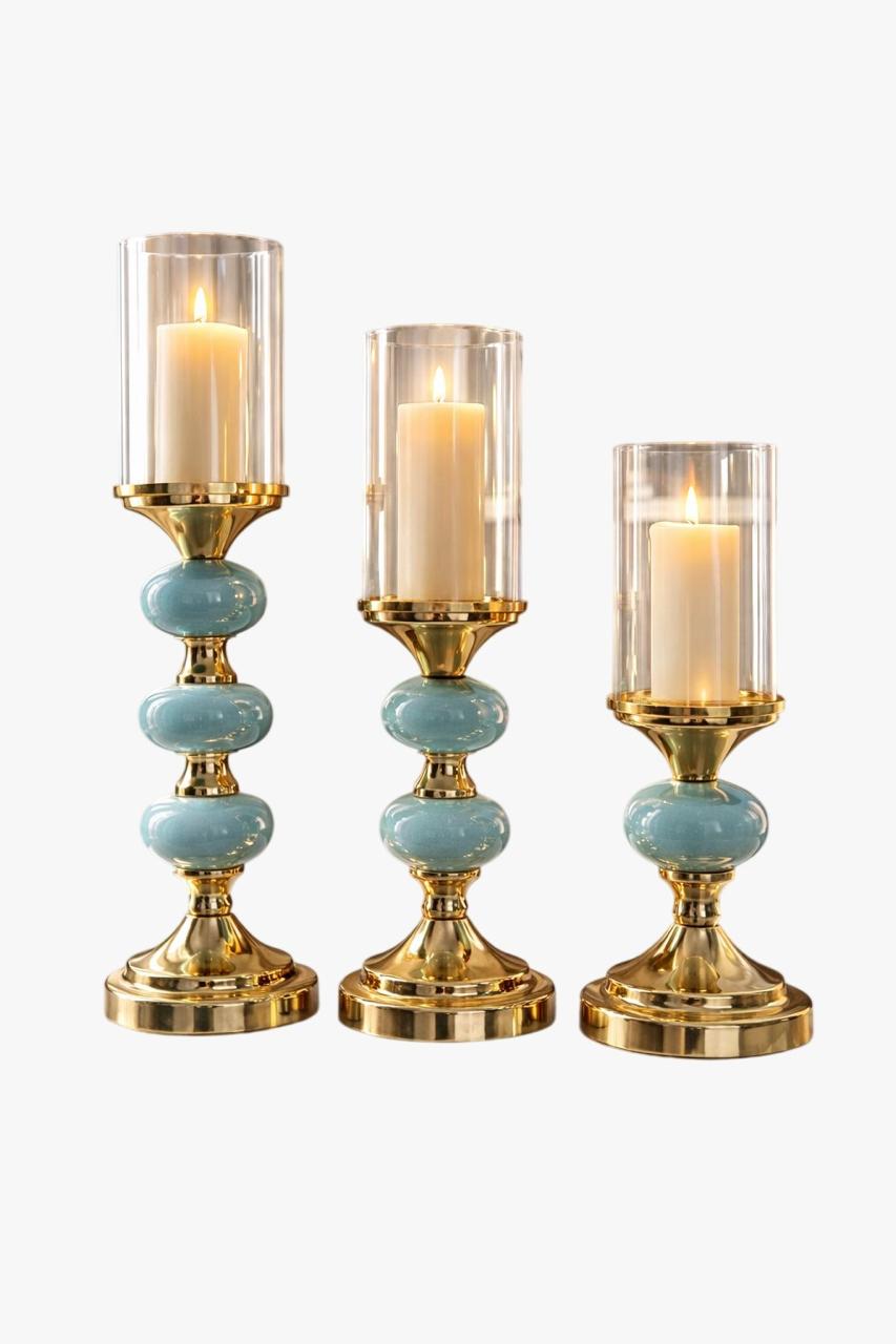 Aqua Ceramic & Gold Pillar Candle Holder Set with Glass Hurricanes